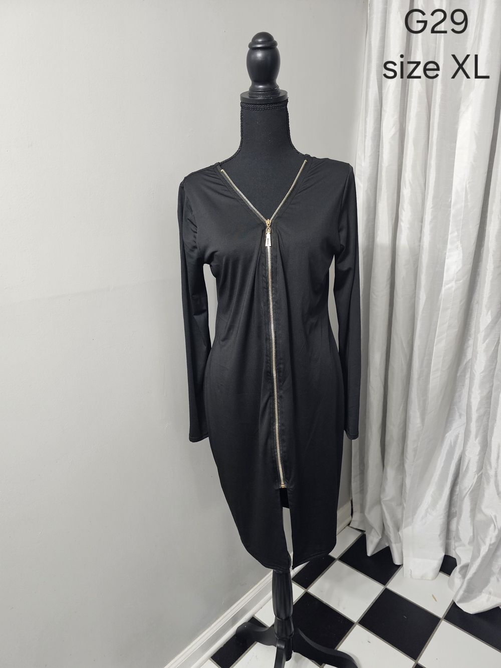 Black Long Sleeve Zip-Front Women's Dress